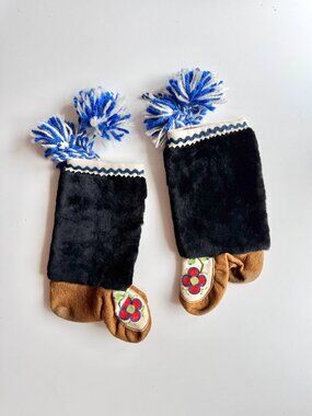Vintage Kids' Inuit Beaded Suede Black Fur Shaft Tasseled Pom Pom Mukluk Boots